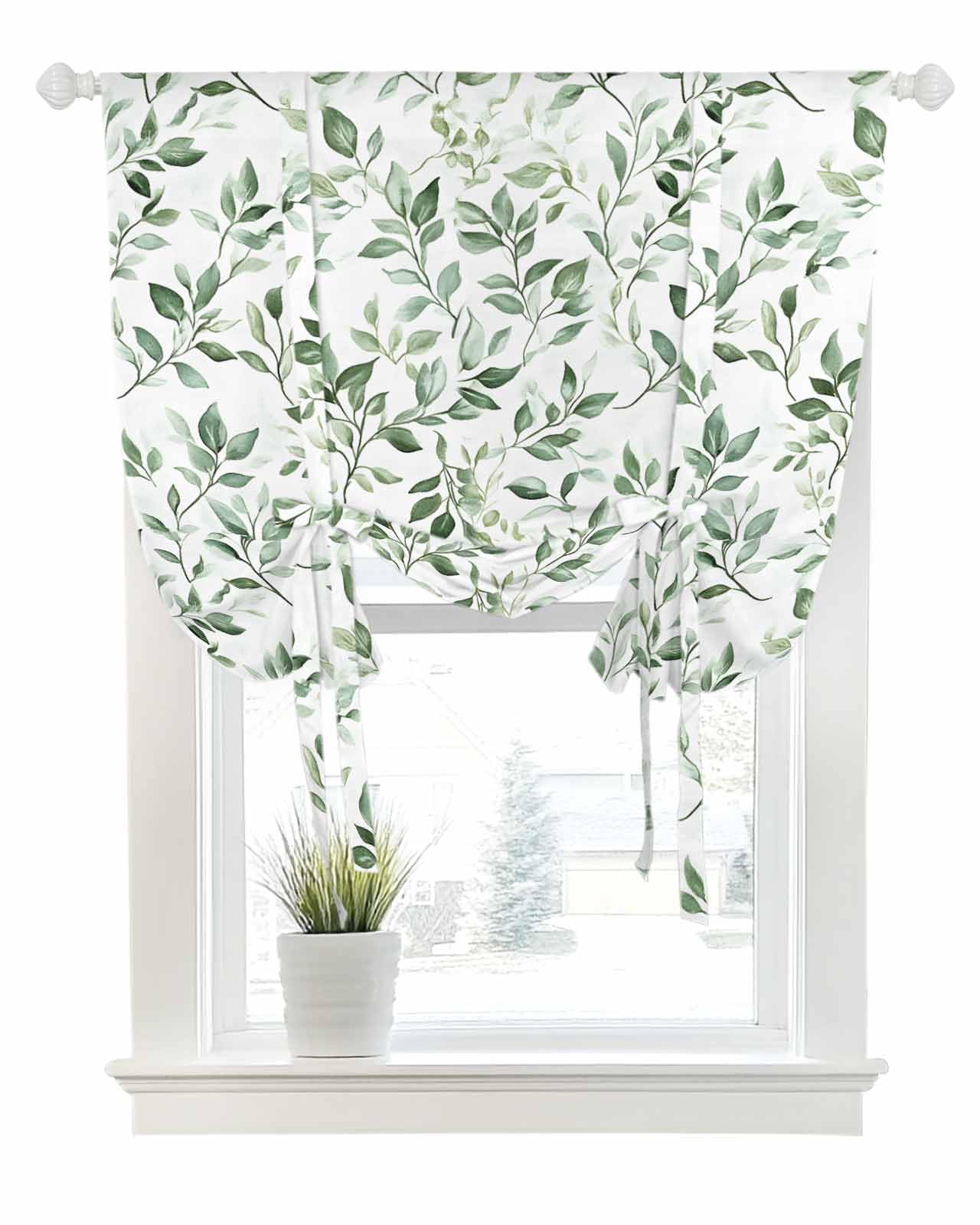Sage Green Leaf Tie Up Curtains for Small Windows,Adjustable Rod Pocket Eucalyptus Branch Valance 45 Inch Short for Bathroom Kitchen,Country Nature