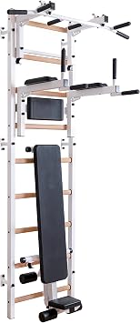 Swedish Ladder Wall Bar - Indoor Chin Up Bar Workout Equipment for Home Exercise, Physical Therapy, Gymnastics, Fitness WallBars + Convertible Pullup Bar + Dip Bars + Bench, White