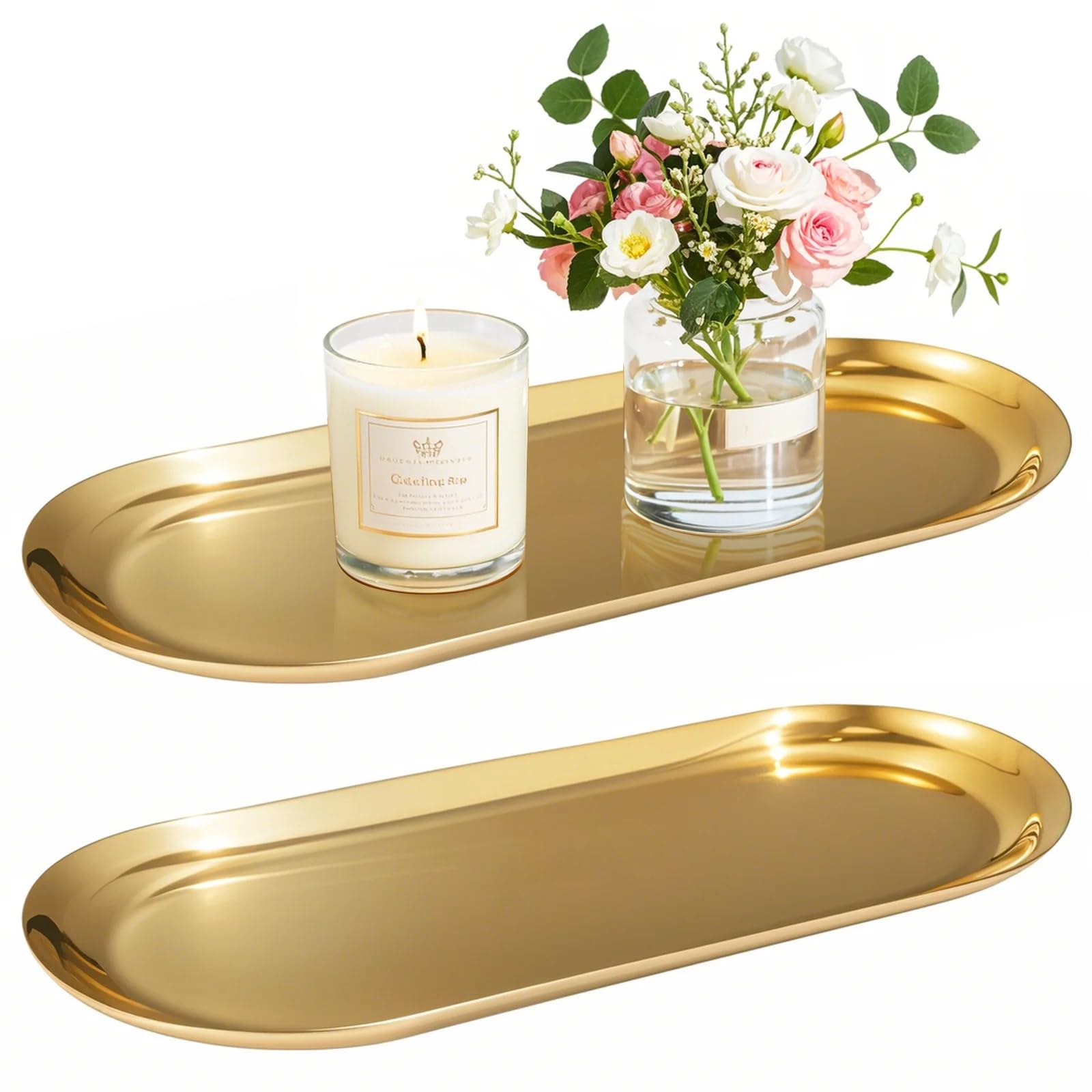 Plateaux de salle de bain dorés BT3012 : lot de 2 supports design pour décoration élégante
