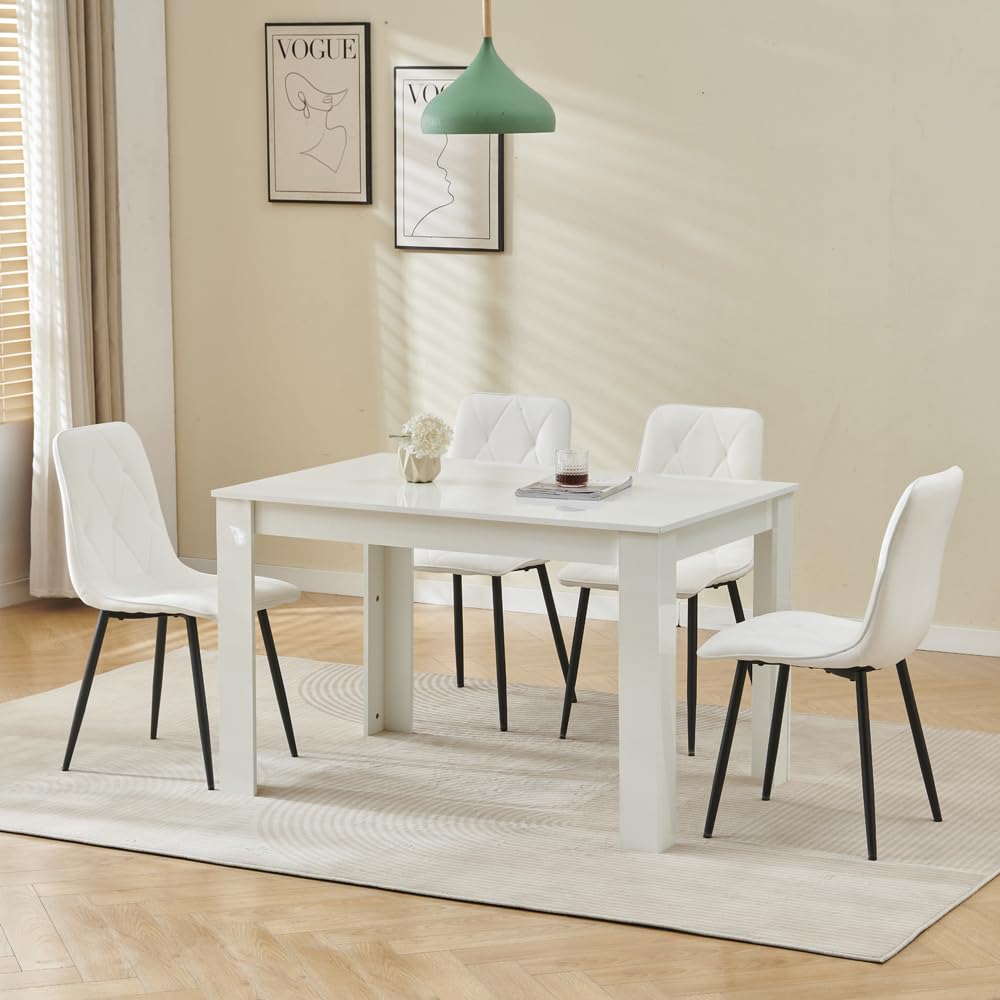 Menaka Wood Dining Table and Chairs Set of 4, Small Rectangular Kitchen Dinner Table with 4 Seaters (argyle grid white velvet chairs#2, 120m high gloss white table, 4 seaters)