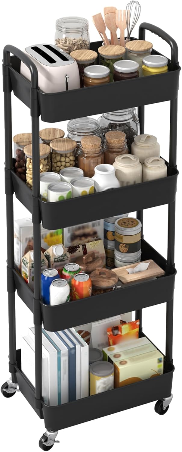 Sywhitta 4-Tier Plastic Rolling Utility Cart with Handle, Multi-Functional Storage Trolley for Office, Living Room, Kitchen, Movable Storage Organizer with Wheels, Black