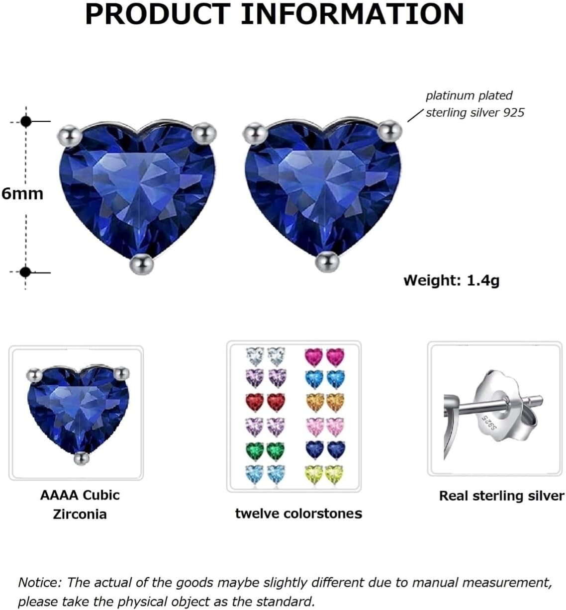 925 Sterling Silver Birthstone Heart Stud Earrings for Women, Gemstone Earring with 12 Colours Anniversary Birthday Jewellery Gift