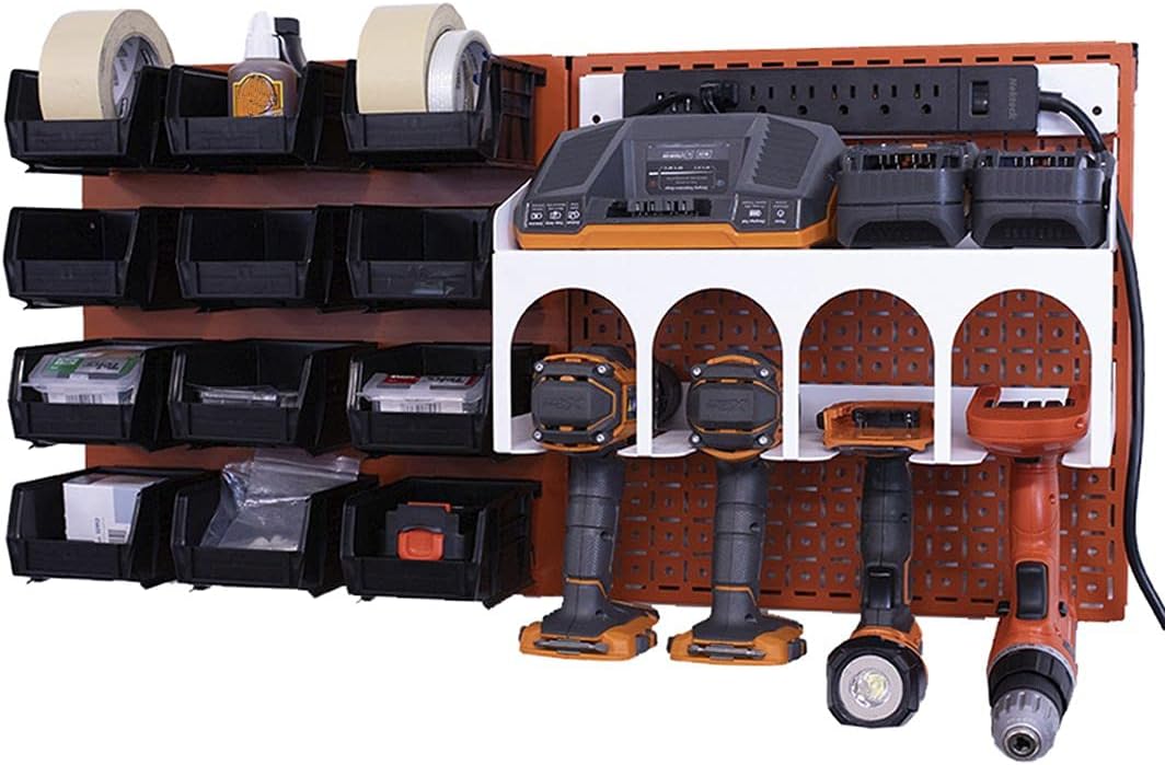 OmniWall PowerStation- 32"x16" Metal Pegboard Wall Storage With Bin Storage For Cordless Drills Blue/Blue