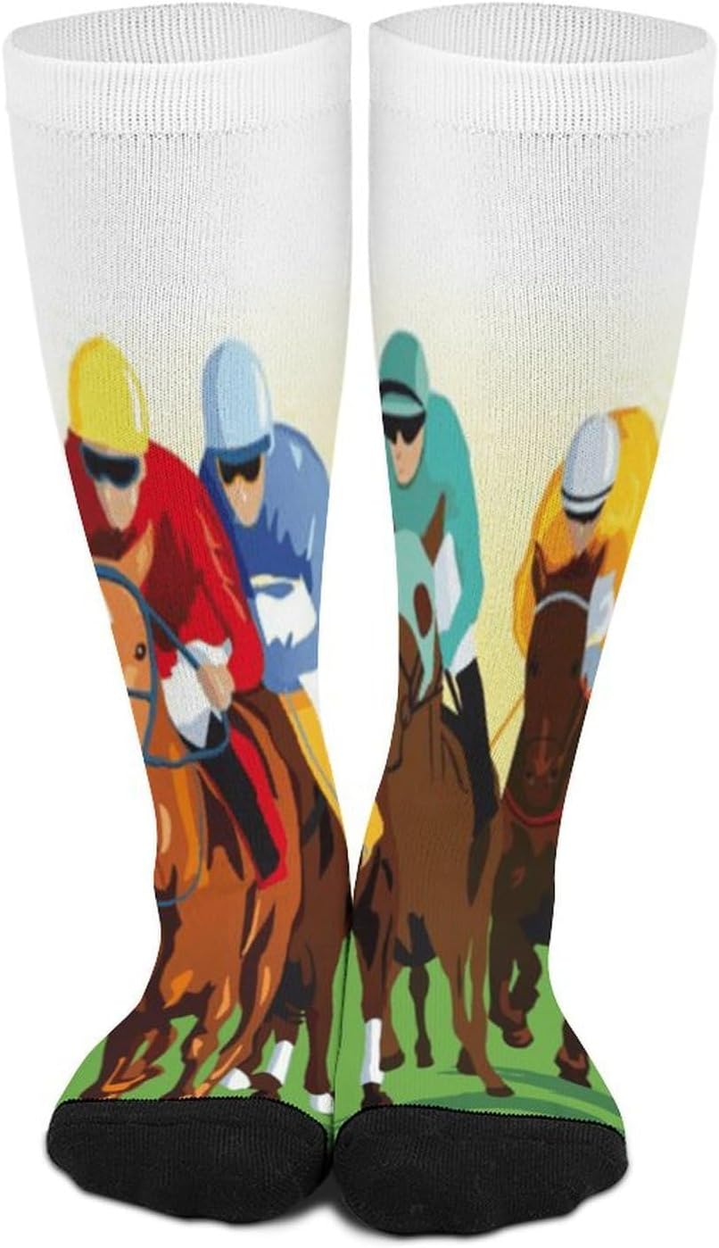 Horse Racing Cartoons Knee High Socks Athletic Long Stockings Sport Casual Crew Tube Sock Boot 46cm