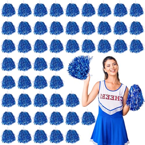 Sibosen 100PCS Blue Metallic Cheerleader Pom Poms with Baton Handle for Game Sports Squads Dance Party Football Basketball