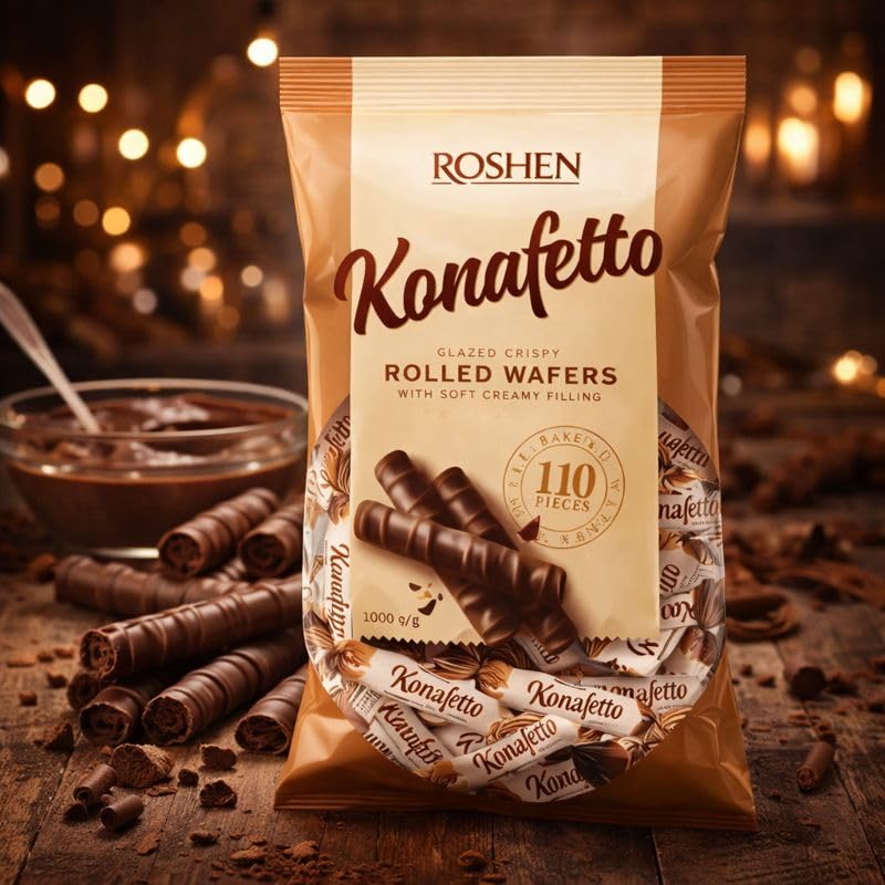 ROSHEN Konafetto (MILK) Glazed Chocolate Candy Rolled – (1kg) Family Value Pack By COUGAR – Eid Day Special, Crispy Rolled Wafers with Soft Creamy Filling, Chocolate Coated Crunchy Wafer Rolls, FREE 1 Prestige Waffi Pistachio Wafer Bars, Gifting, Parties, Office Treats & Dessert Platters – (IMPORTED - UKRAINE) 4