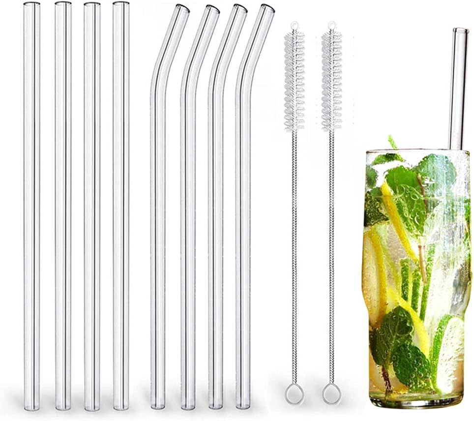 Tukcherry 10 Pack Reusable Glass Drinking Straws Smoothie Straws for Milkshakes, Frozen Drinks, Smoothies, Bubble Tea, Set of 8 with 2 Cleaning Brush (8 Straws)