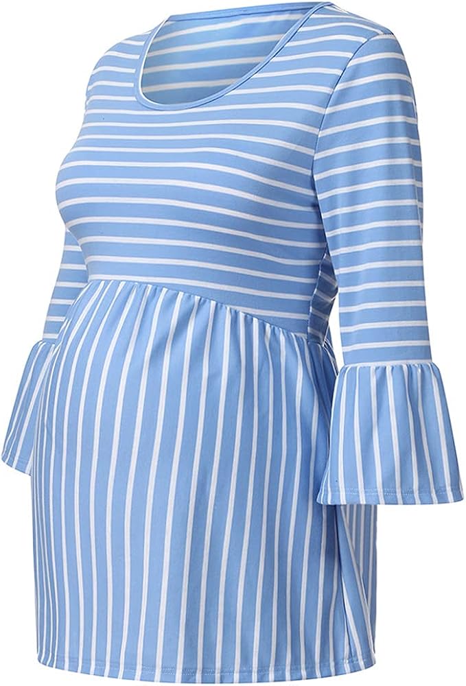 Savi Mom Women Maternity Tops, Stretchable Striped Blue Maternity Tunic/Peplum Top with 3/4 Bell Sleeves at  Women’s Clothing store