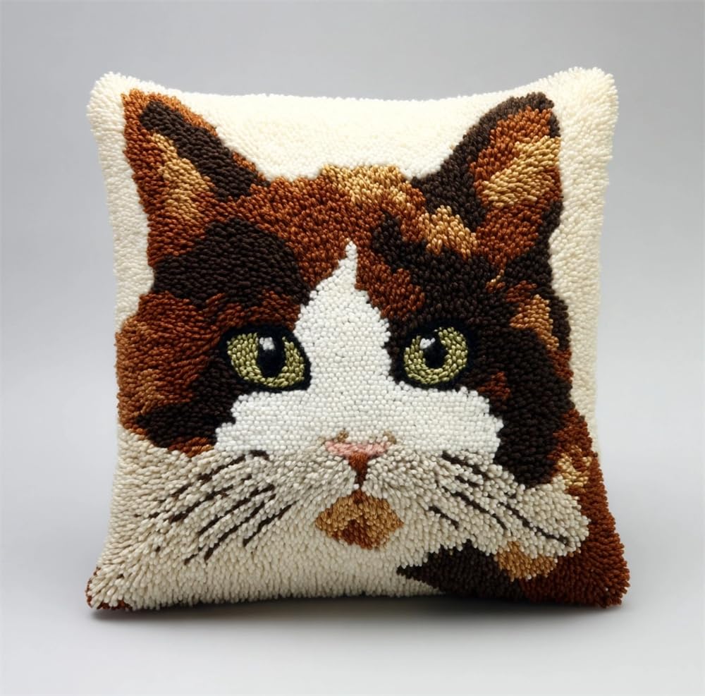 FWRTYCB Latch Hook Cushion Kits for Adults, Brown White Cat Scottish Pillo