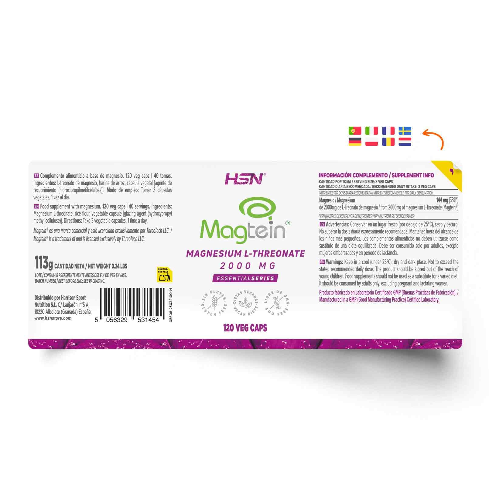 HSN Magtein® L-Treonato de Magnesio 2000mg +33% Contenido por Cápsula | 120 Cápsulas Vegetales | 40 Días Suministro Magnesio Treonato de Alta Biodisponibilidad | Vegano y Sin Gluten