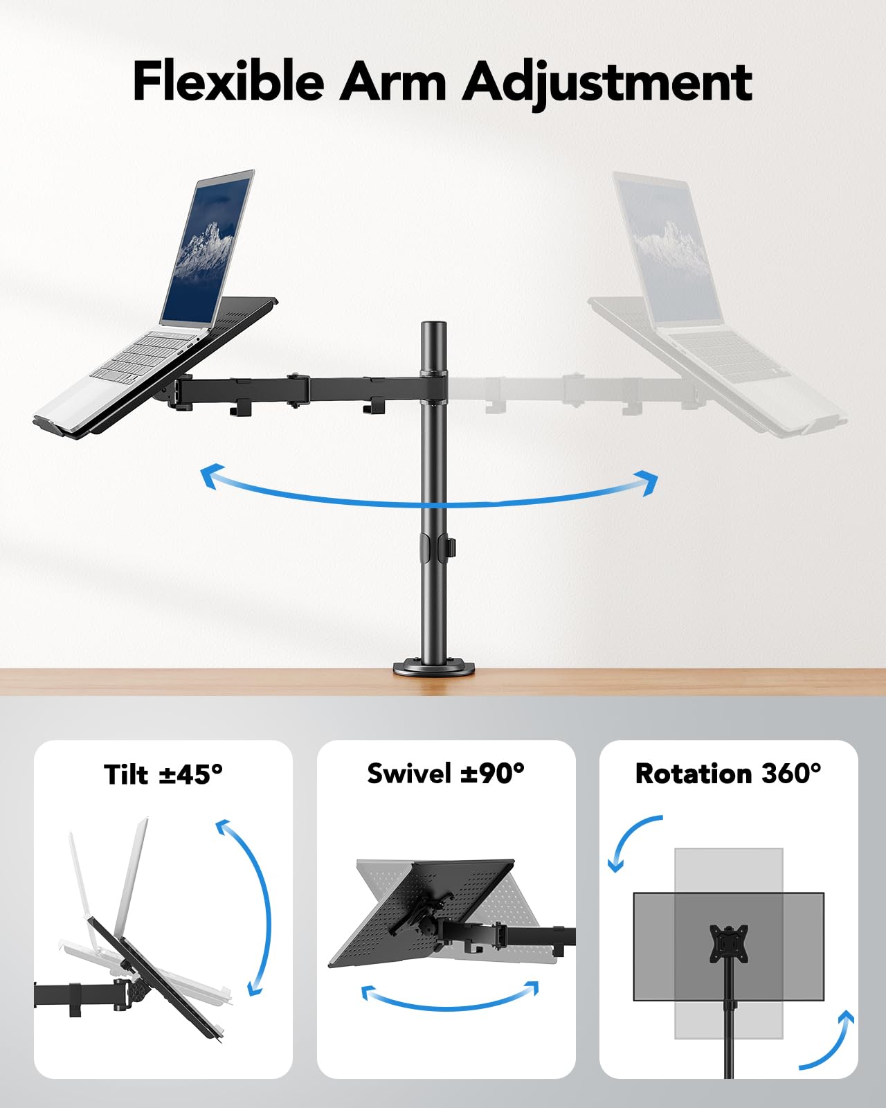 HUANUO Supporto da scrivania per computer portatile, per notebook da 17" o monitor da 15"-32", braccio per laptop con vassoio ventilato, braccio completamente regolabile con inclinazione, girevole e