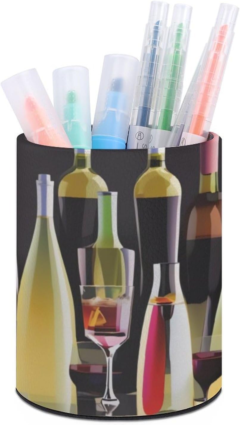 Wine Bottles Round Pen Holder Desk Organizer for Office Home