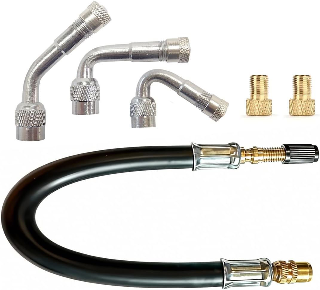 Tire Valve Extenders Kit for Car Motorcycle Bike Truck RV, 45° 90° 135° Angled Adapter, 12 Inch Inflator Hose Extension, Presta Valve Adapter