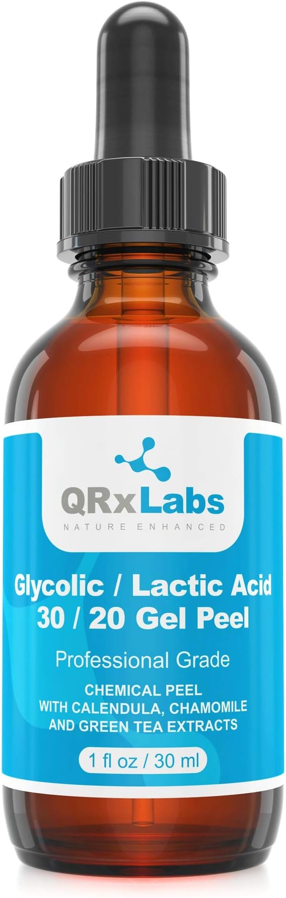 QRxLabs Glycolic/Lactic Acid 30/20 Gel Peel with Calendula, Chamomile and Green Tea Extracts - Professional Grade Chemical Face Peel for Acne Scars, Collagen Boost, Wrinkles, Fine Lines - AHA - 30ml
