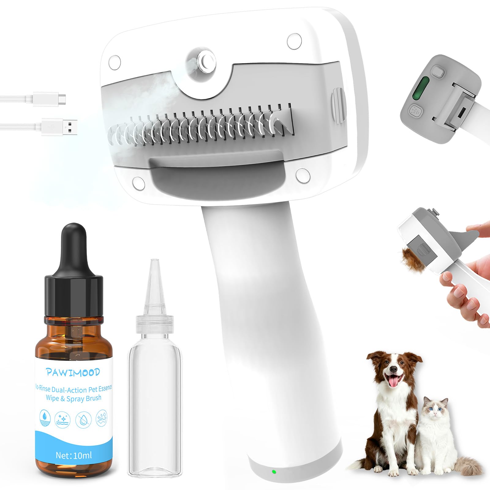 Spazzola a vapore 5 in 1 per cani e gatti, autopulente, 3 spazzole per animali domestici, per levigare, sfoltire, spargere, toelettatura e depilazione, include shampoo e custodia (18,5 cm)