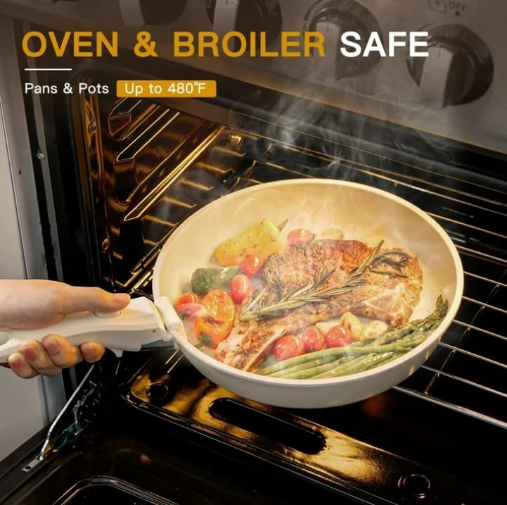 20 Piece Ceramic Pots and Pans Set Non Stick, Cookware Set with Detachable Handle, Oven Safe, Induction Ready, Stackable RV Kitchen Cooking Set Removable Handles, Cream White