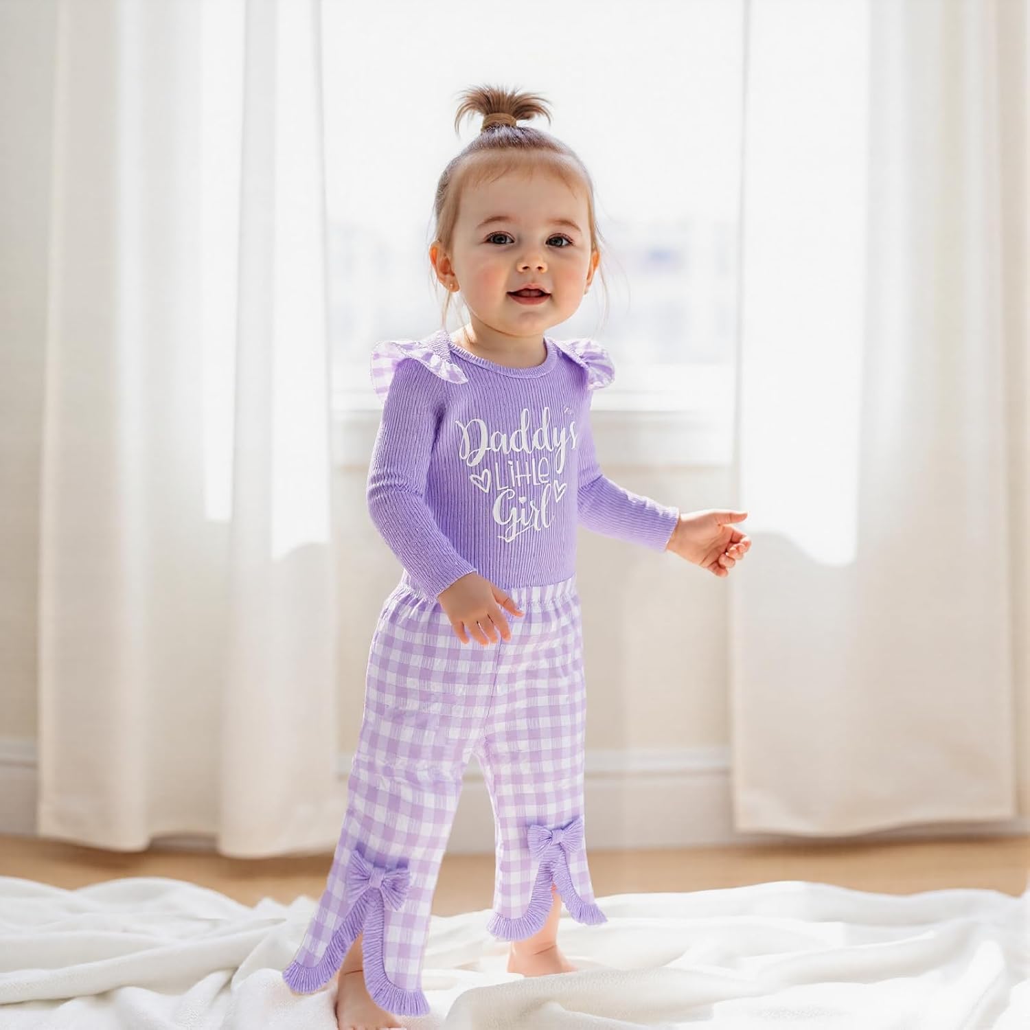 Newborn Baby Girls Outfits Daddy's Little Girl Romper Jumpsuit Bodysuit Plaid Flare Pants Set Fall Winter Clothes - Image 4