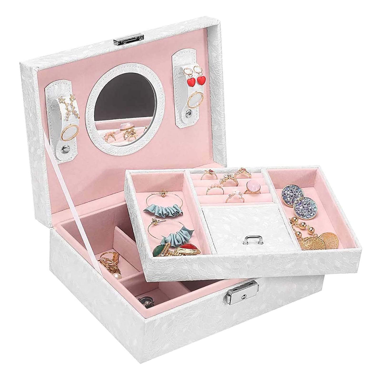 Jewellery Box Women Large White Jewelry Case 2 Levels with Key and Mirror PU Leather for Necklaces Rings