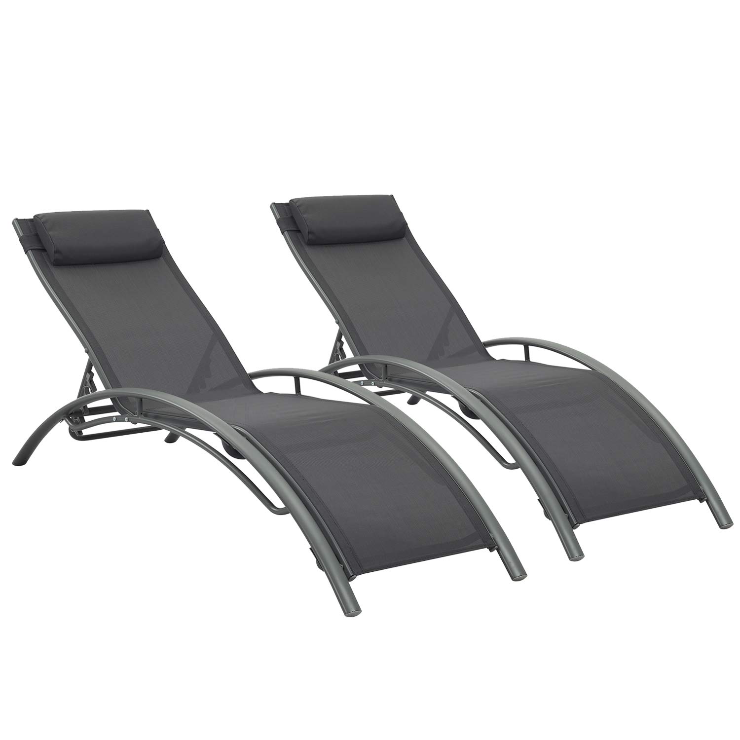 Ainfox Adjustable Chaise Lounge, Patio Reclining Elegant Lounge Chair Recliners Aluminum Sunbathing Chair with Headrest 2 Pack (Gray)