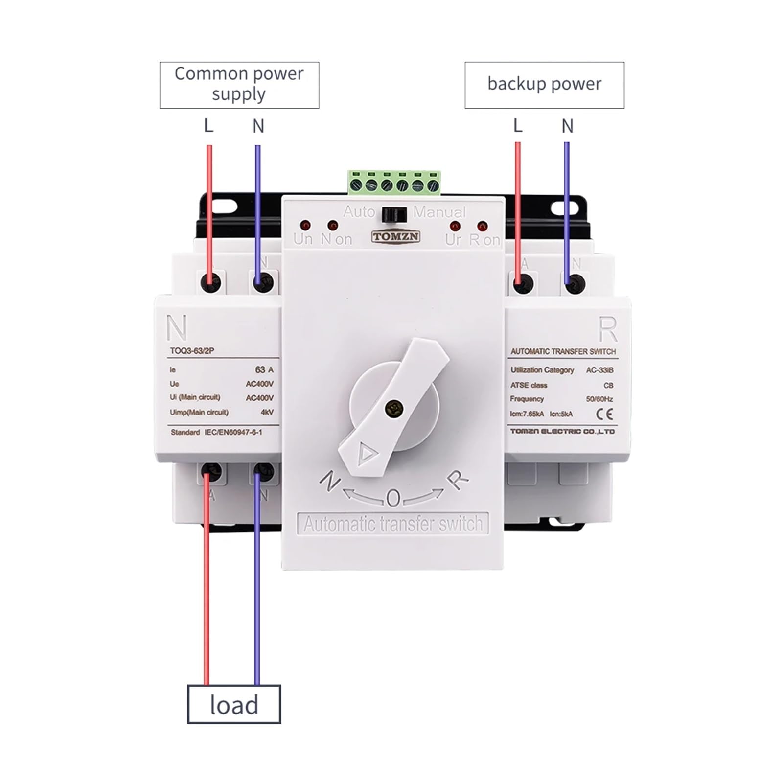 Interruptor de Transferencia automático de Doble Potencia, Tipo 2P 63 A 230 V(2 Input 1 Output)