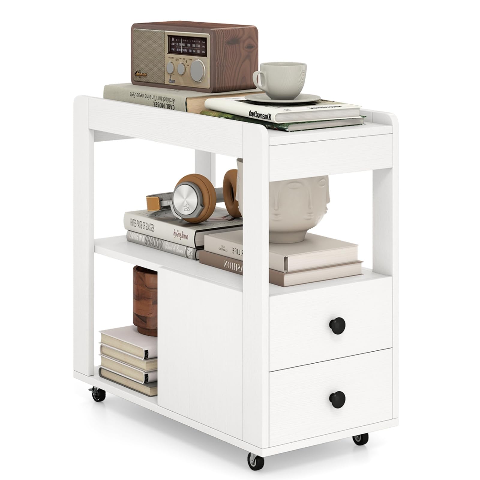 COSTWAY Narrow Bedside Table with 2 Drawers, Storage Shelves and Wheels, 3-Tier Rolling Slim Nightstand Bedside Cabinet End Sofa Side Table for Small Space, Living Room, Bedroom (1, White)