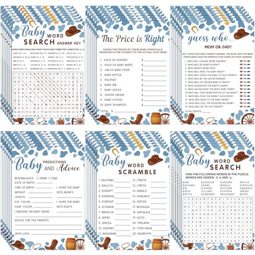 Image of Jetec 302 Pcs Baby Shower Games, 6 Games,50 Sheets Each, Cowboy | Baby Shower Word Scramble, Word Search, Predictions and Advice, Price Right, Guess Game, Baby Shower Decorations