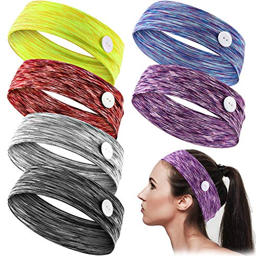 6 Pieces Headbands with Buttons Yoga Sports Hairbands Elastic Buttons Headbands Wide Non-slip Headband for Nurses Doctor Women Men Running Sports Travel Fitness (Assorted Color)
