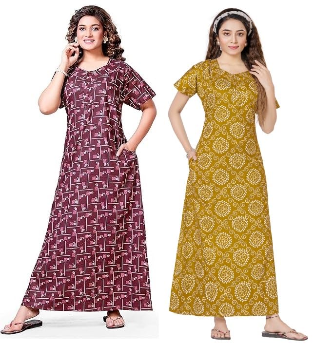 Image of Keyocean Women's Cotton Printed Nighty Night Gown Maxi Free Size (Pack of 2) Wine & Mehndi