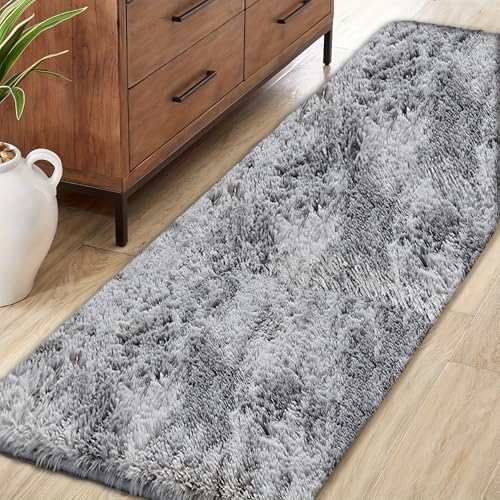 Jyswx Wohnzimmer Teppich Läufer – Waschbarer Rutschfester Fluffy Shaggy Teppich, Weicher Kuscheliger Teppich für Schlafzimmer, Kinderzimmer, Flur und Wohnzimmer, 60x150cm, Hellgrau Gefärbt