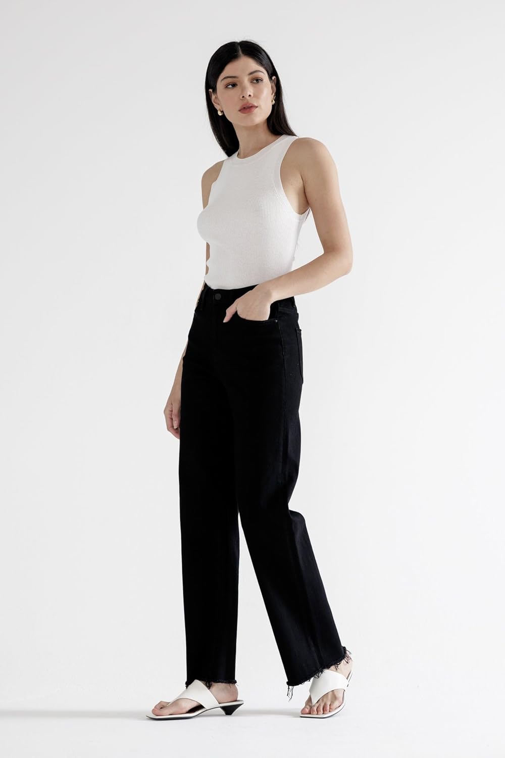 Mica Denim - High-Rise Slim Wide-Leg Jeans with Raw Hem - Black (31" Inseam) - Includes Official Tag