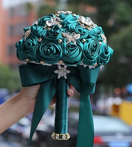 Miniatura 3 de Mini ramo de novia de 5.9 pulgadas hecho a mano de satén rosa redonda ramo de boda lanzamiento lanzamiento ramo de flores artificiales verde oscuro