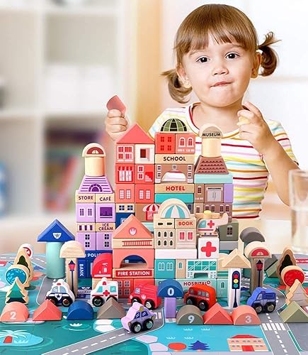Miniatura 5 de umbresen Juego de 115 bloques de construcción de ciudad de madera, coloridos juguetes educativos preescolares apilables para niños y niñas, regalos