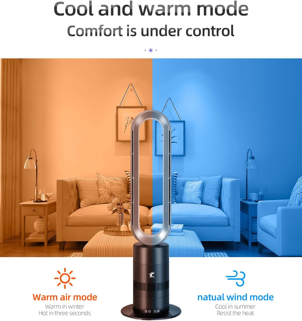 Image depicting the fan's dual cool and warm air modes, with blue and orange lighting effects.