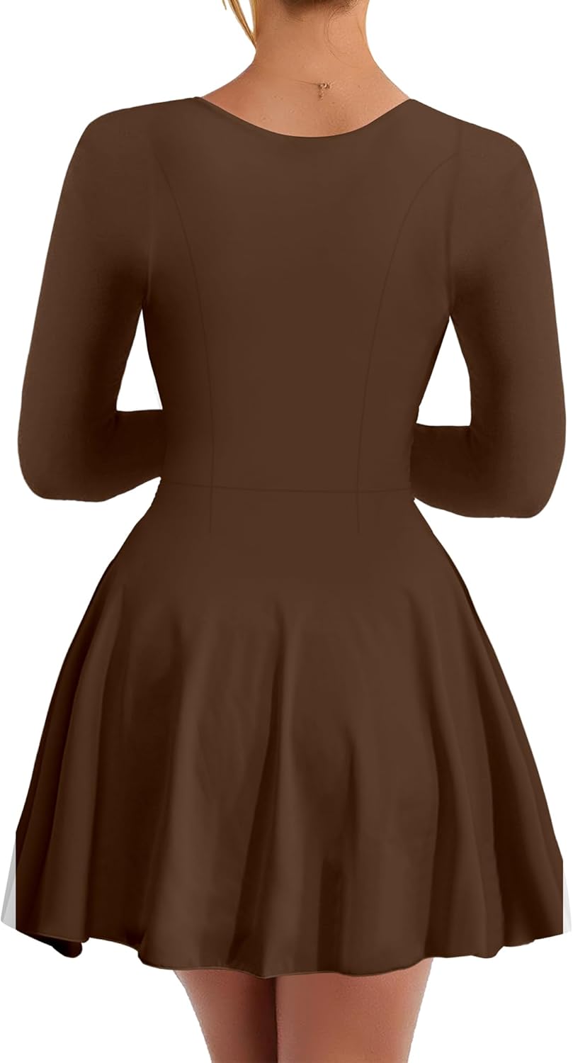 Kaximil Women's Long Sleeve Square Neck Mini Dress A Line Ruffle Work Short Party Dresses - Image 2