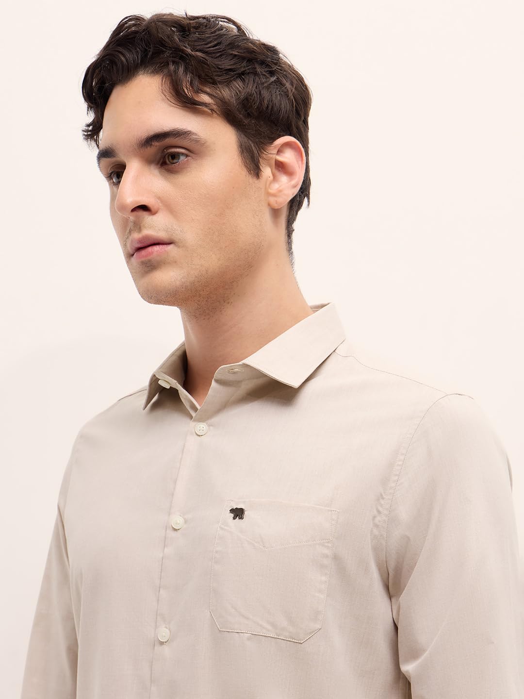 THE BEAR HOUSE Men's Cotton Solid Tailored Fit Formal Shirt Beige 4