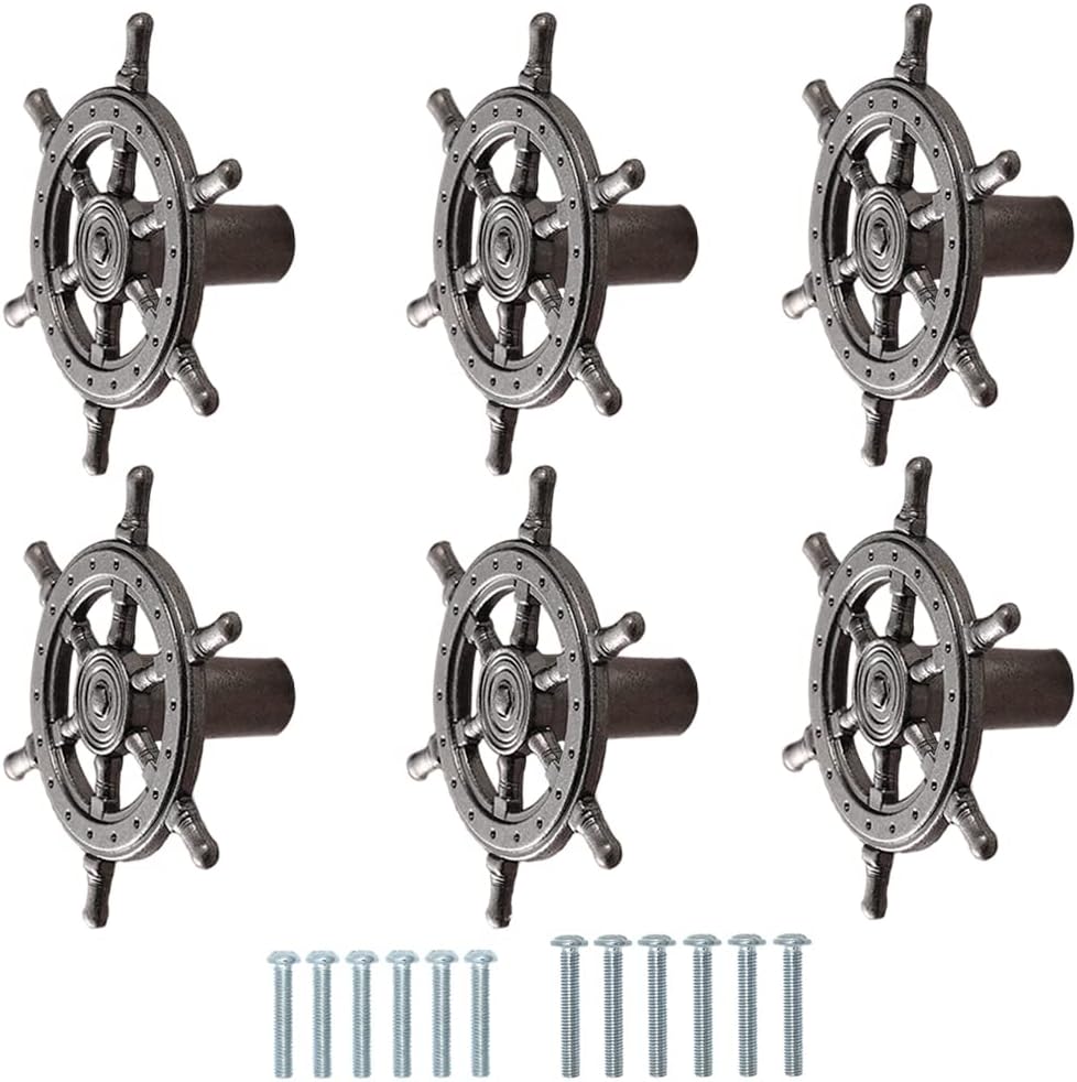 Geentie 6pcs Ship Helm Cabinet Knob for Drawer Cupboard Furniture Door Pull Handles Stern Rudder Nautical Decorative Knobs Handle (Ancient tin)