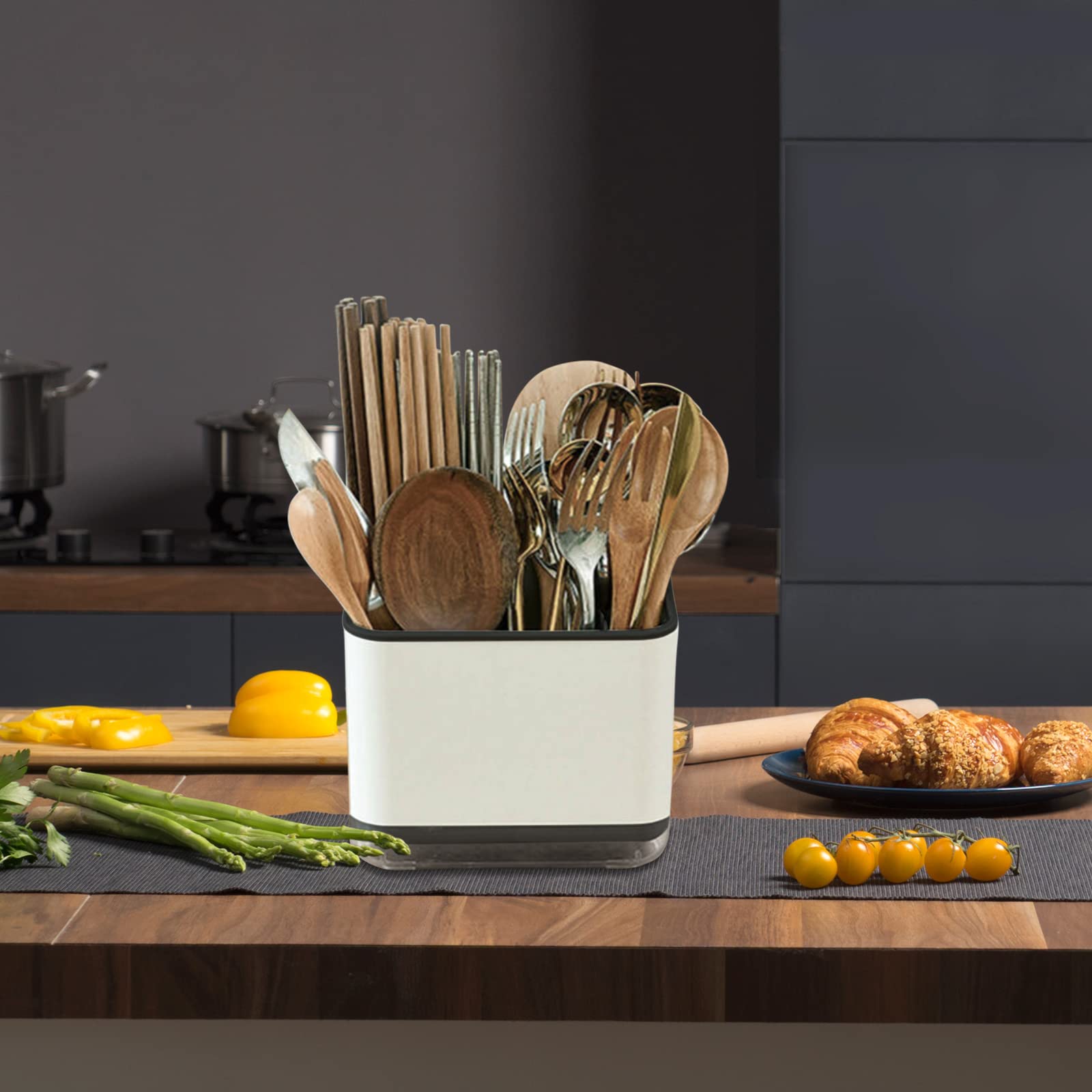 Soporte para utensilios, escurridor de cubiertos, soporte para palillos, cuchara, palillos, tenedor, cesta de drenaje, organizador de almacenamiento (negro)