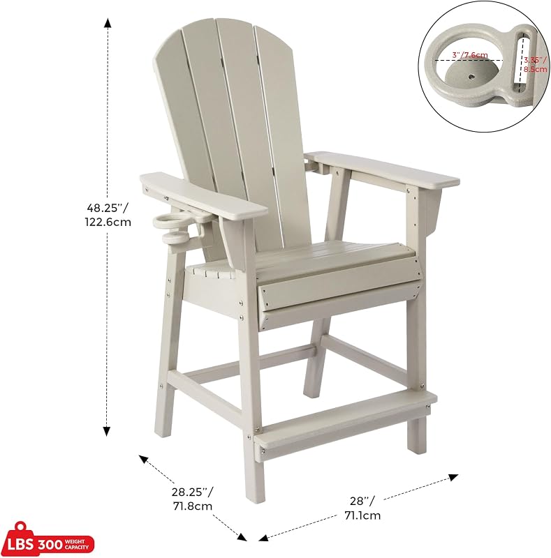 Costaelm Paradise Outdoor HDPE High Back Adirondack Counter Height Bar Chair with Cup Holder, Sand image 2