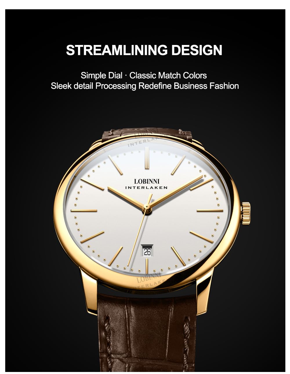 LOBINNI Reloj mecánico automático ultrafino para hombre, caja delgada de 7,9 mm, cristal de zafiro, calendario, correa de piel auténtica, resistente al agua, reloj de pulsera elegante