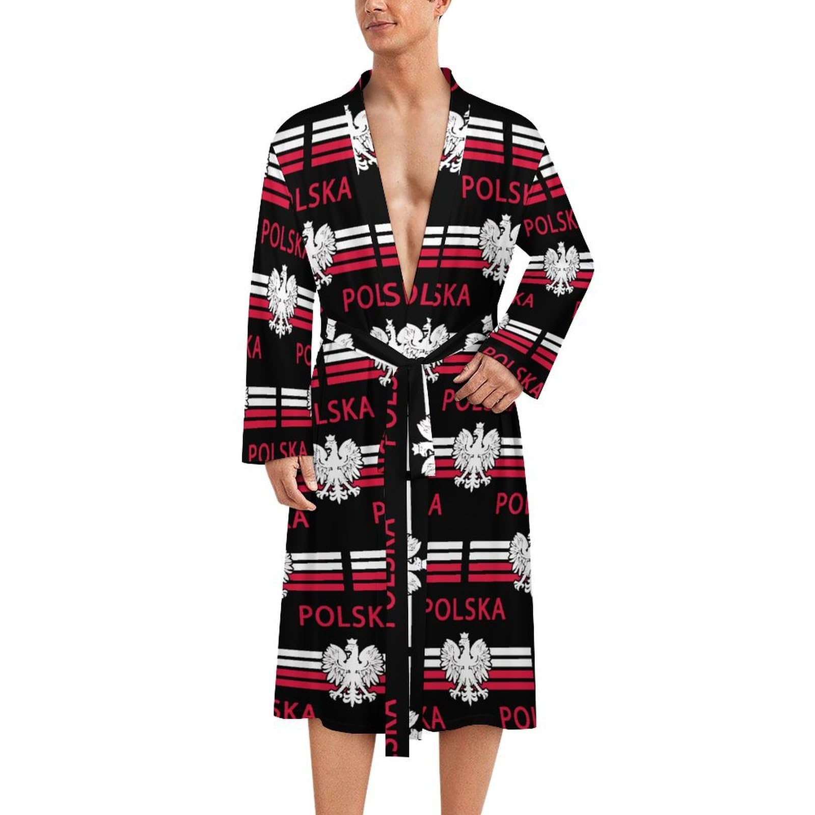 Men's Black Polish Flag - Polska Eagle Robe Soft Bathrobe Pyjama Sleepwear Loungewear Dressing Gown With Belt M