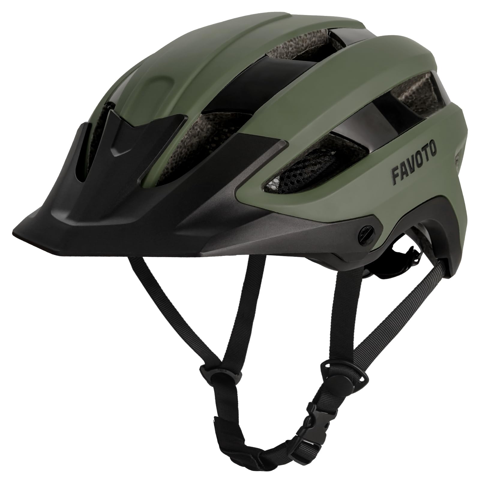 Favoto Mountain Bike Helmet, Lightweight MTB Road Bicycle Helmet for Men and Women, Matte Green, Triple-Shell Design, CE Certified, Removable Peak