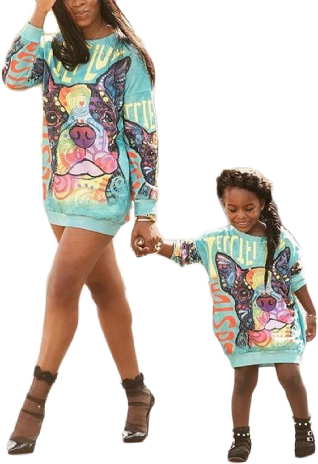 Mommy and Me Matching Cartoon Printed Loose Pullover Shirt Dress Parent-Child Family Long Sleeve Sweatshirt Outfits (Women, L)