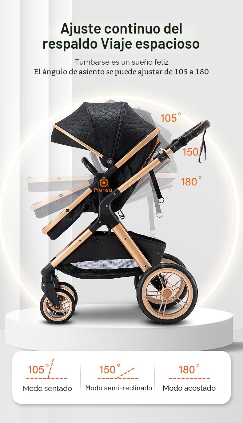 YAZOCO carrito bebe 3 en 1 Cochecito de Bebé Combinado Compacto Todoterreno Lujoso Paisaje Alto Cuatro Veces 0-36 Kg Sillas de paseo BastóN Plegable Accesorios CóModos (5 Negro)