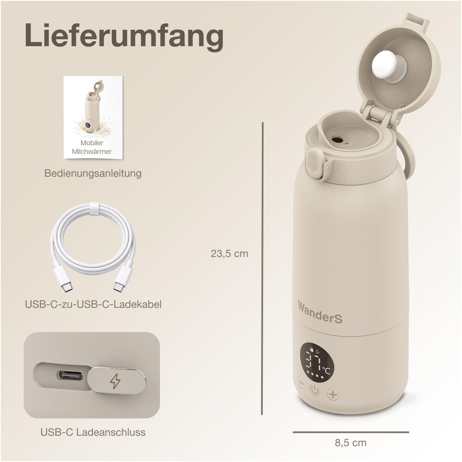 Tragbarer Flaschenwärmer Baby von WanderS – 500ML Milchwärmer mit Präziser Temperaturkontrolle, Integrierter Sterilisator, 316L Edelstahl, USB-C Schnellladung, IPX6 Wasserdicht & Sicherheitsverschluss