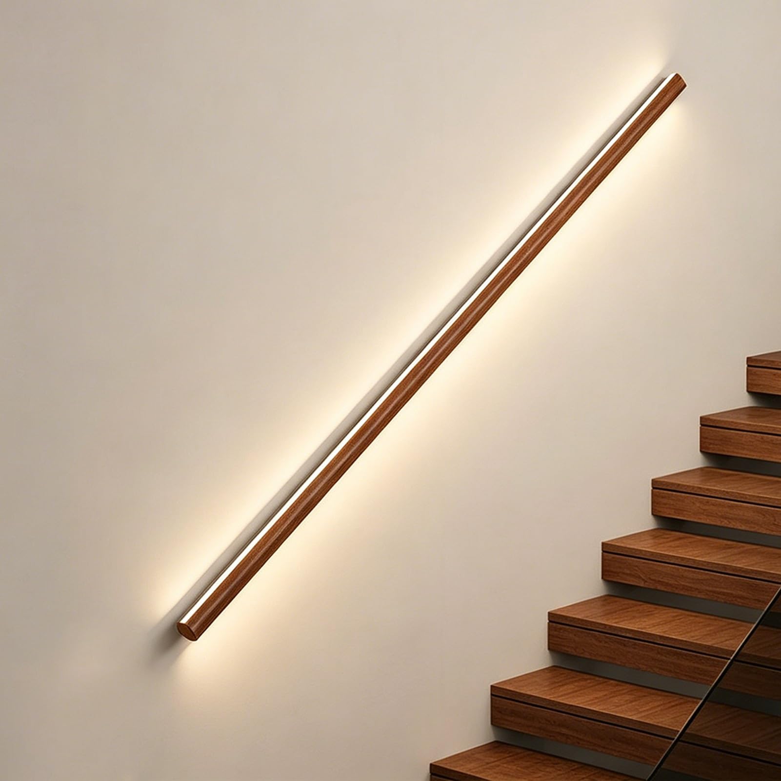 Illuminated Sensor Activated Stair Handrail, Fall Protection Safety Lighted Handrail, Ambient Minimalist Support Stair Railing for Porch Entrance(Left Walnut,6.2ft/1.9m)