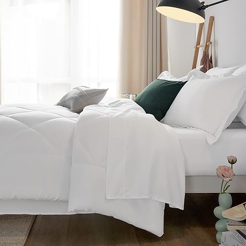 Miniatura 4 de CozyLux Juego de edredón matrimonial con sábanas de 7 piezas, ropa de cama en una bolsa, color blanco, para todas las estaciones, con edredón,