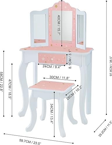 Miniatura 6 de Teamson Kids Princess Gisele Twinkle Star Print - Juego de tocador de madera para niños de 2 piezas con mesa de tocador, espejo de tres pliegues,