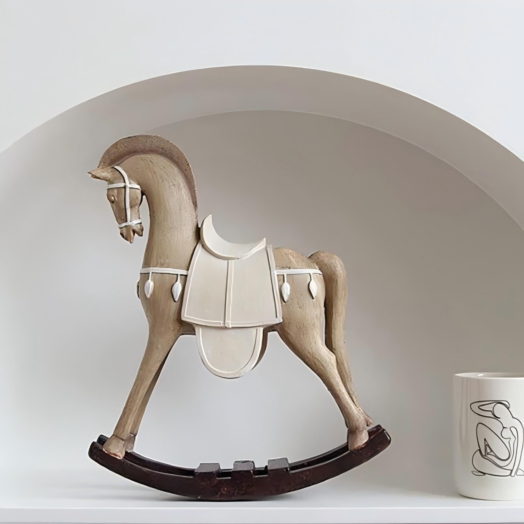 OMELPIS Imitation Wood Grain Resin Statue Creative Art Rocking Horse Sculpture Ornaments Modern Simple Home Office Décor Crafts for Living Room TV Cabinet Shelf Table Desk Foyer Decorations Gifts H'30 2