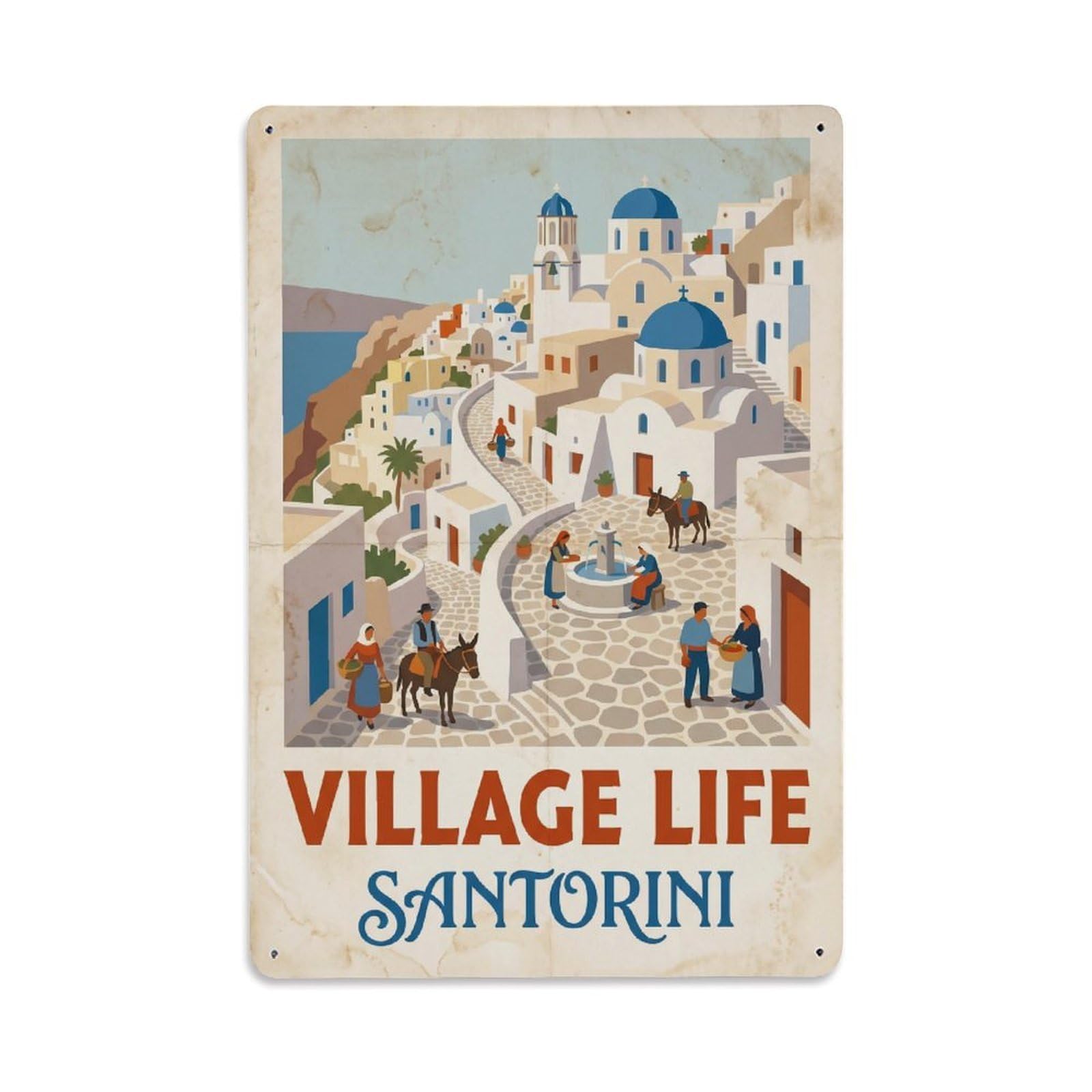 Gead 8X12inch Style Vintage Travel Santorini Village Life Metal Tin Sign