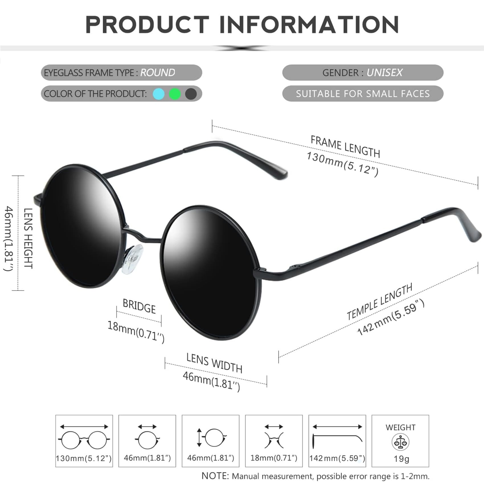 KANASTAL Gafas de Sol Polarizadas UV400 Redondas Vintage 46mm